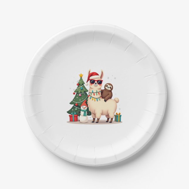 Santa Xmas Funny Llama Sloth Christmas (2) Paper Plate (Front)