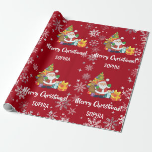 Santa Xmas Tree Gifts Snowflakes Personalize Name Wrapping Paper