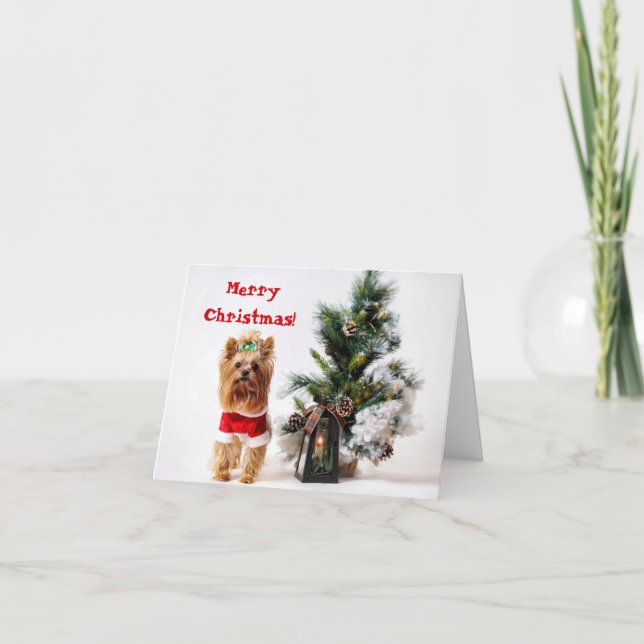 Santa Yorkie with Christmas Holiday Tree Card (Front)