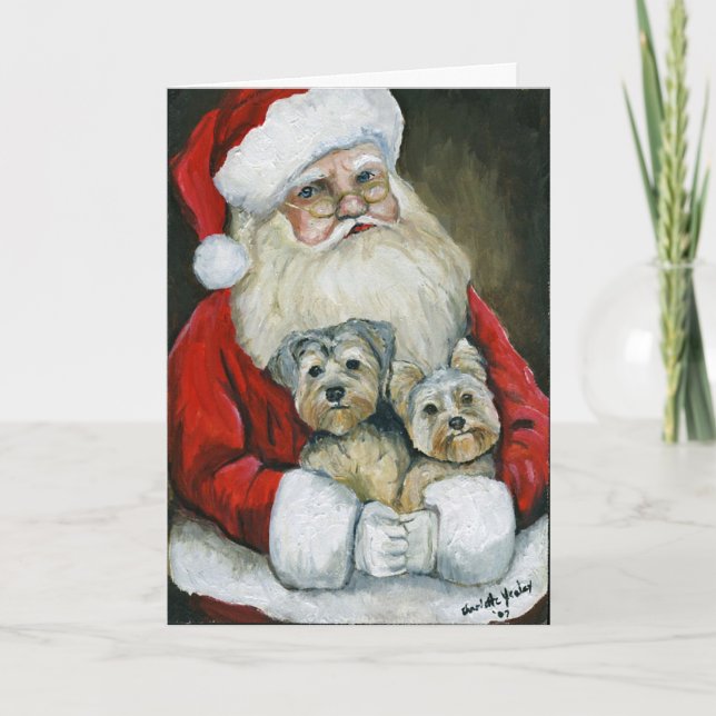 "Santa & Yorkies" Dog Art Christmas Card (Front)