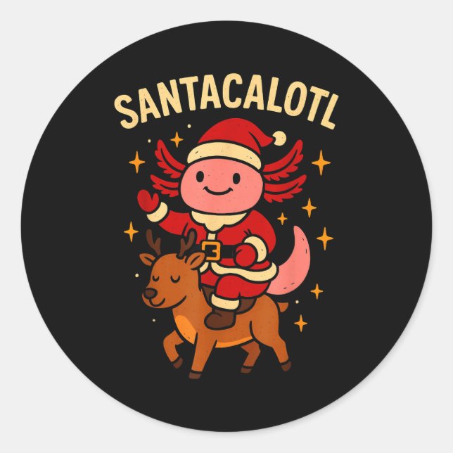 Santacalotl Santa Claus Cute Axolotl Snow Reindeer Classic Round Sticker (Front)