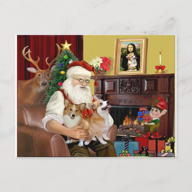 Santa's 2 Welsh Corgis (Pem.) Holiday Postcard (Front)