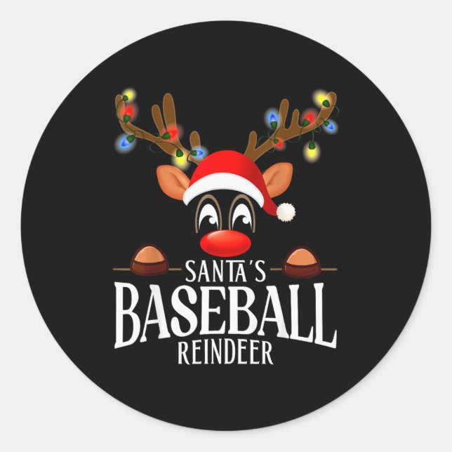Santa's Baseball Reindeer Funny Xmas Matching Pjs  Classic Round Sticker (Front)