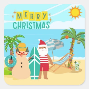 Santa's Beach Christmas Square Sticker