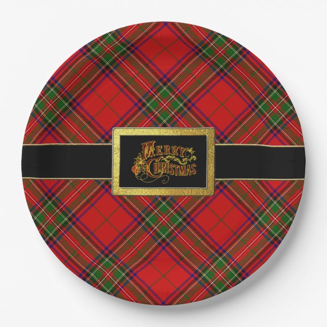 Santa's Belt Merry Christmas Tartan Plaid Paper Plate (Front)