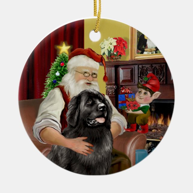 Santa's Black Newfoundland #2 Ceramic Ornament (Front)