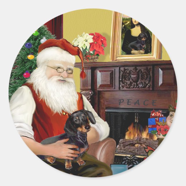 Santa's black / tan  Dachshund (#16) Classic Round Sticker (Front)