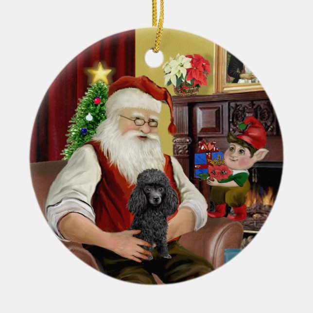 Santa's Black Toy/Min Poodle Ceramic Ornament (Front)