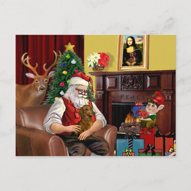 Santa's Brown/Red Dachshund Holiday Postcard (Front)