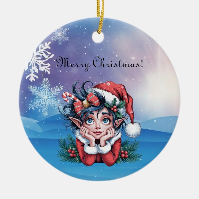 Santa's Christmas Elf Festive Ceramic Ornament (Front)