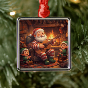 Santa's Christmas Eve Serenade: Cozy Fireplace Metal Ornament