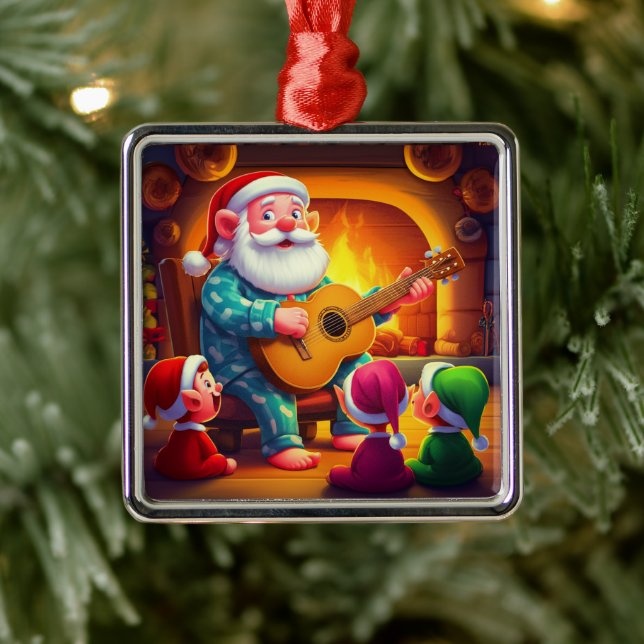 Santa's Christmas Eve Serenade: Cozy Fireplace Metal Ornament (Tree)