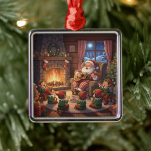 Santa's Christmas Eve Serenade: Cozy Fireplace Metal Ornament