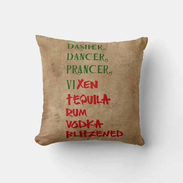Santa's Christmas Funny Reindeer Drinking Names Cushion (Front)