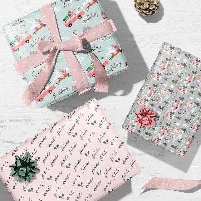 Santa's Comin' To Town Pink Retro Van Wrapping Wrapping Paper Sheet (Santa's Comin' To Town Pink Retro Van Wrapping Wrapping Paper Sheets)