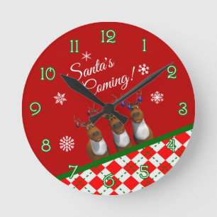 Santa's Coming Reindeer Christmas Numbered Round Clock