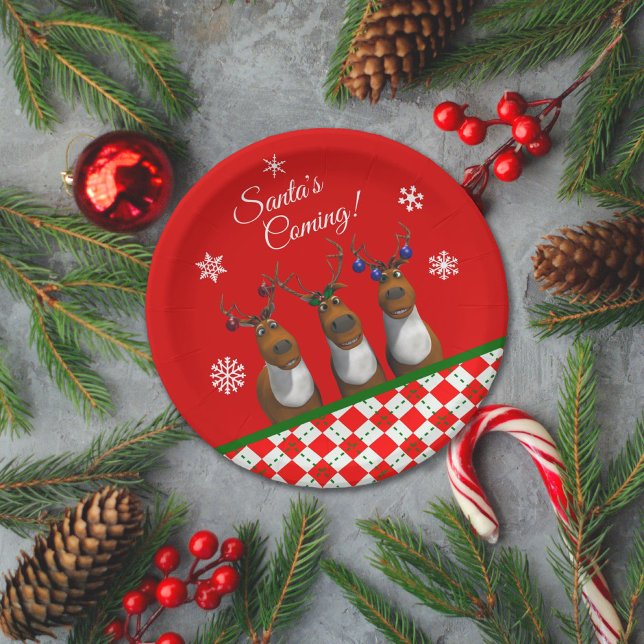 Santa's Coming Reindeer Trio Red Party Paper Plate (Creator Uploaded)