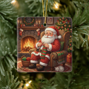 "Santa's Cozy Knitting Nook" Personalized Ceramic Ornament