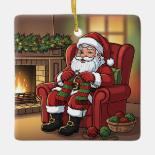 "Santa's Cozy Knitting Nook" Personalized Ceramic Ornament