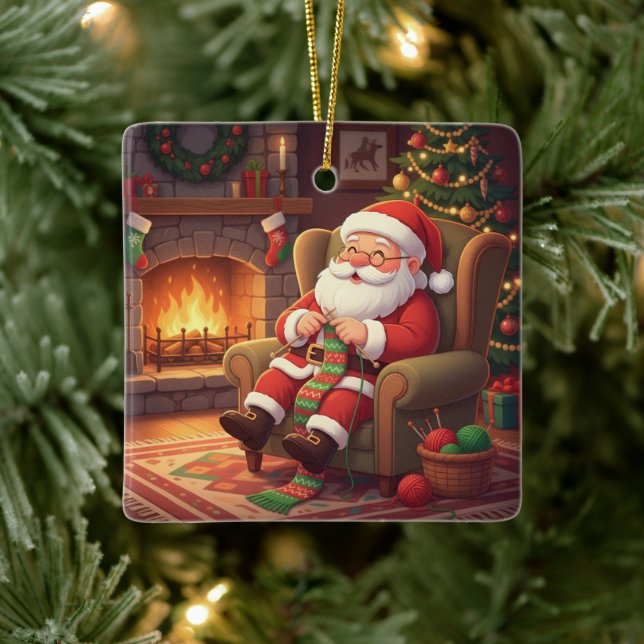 "Santa's Cozy Knitting Nook" Personalized Ceramic Ornament (Tree)