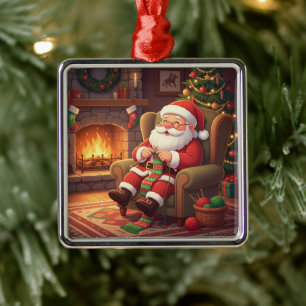"Santa's Cozy Knitting Nook" Personalized Metal Ornament