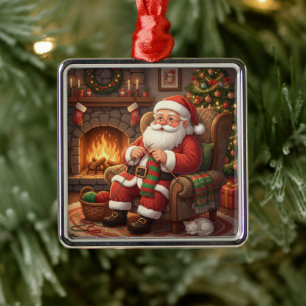 "Santa's Cozy Knitting Nook" Personalized Metal Ornament