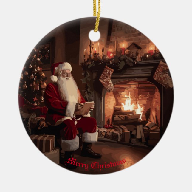 Santa's Cozy Nook Ceramic Ornament (Front)