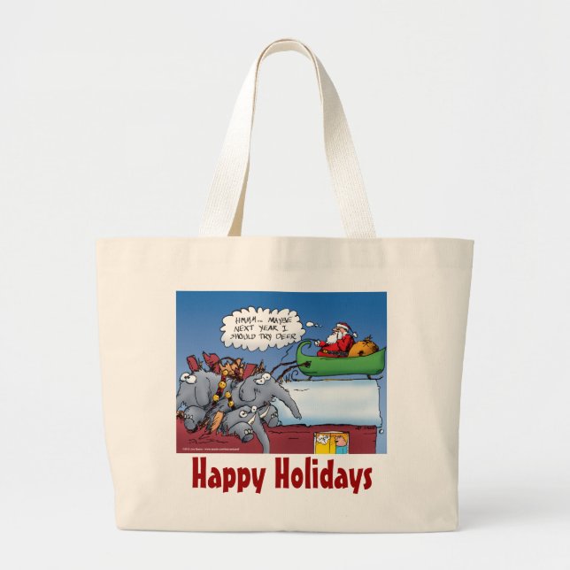 Santas Elephants Funny Holiday Cartoon Large Tote Bag (Front)