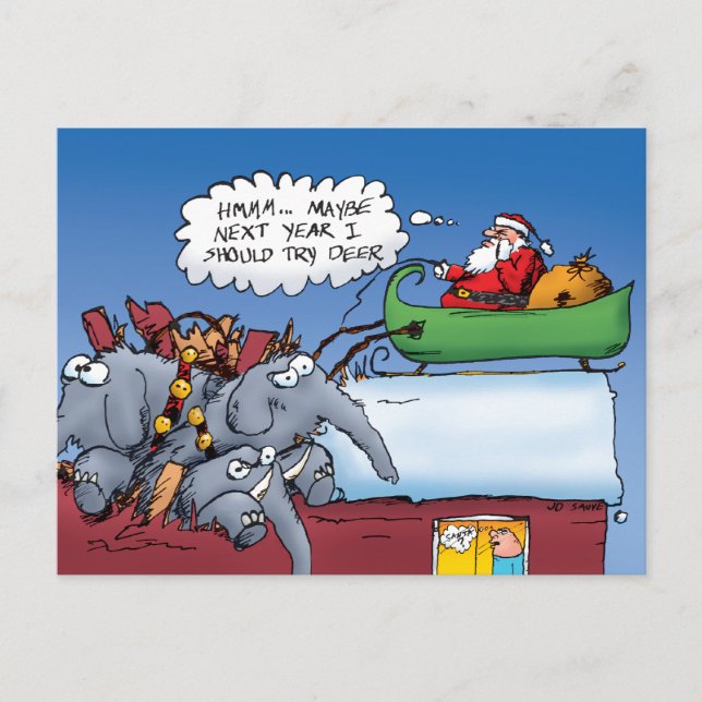 Santas Elephants Funny Holiday Cartoon Postcard (Front)
