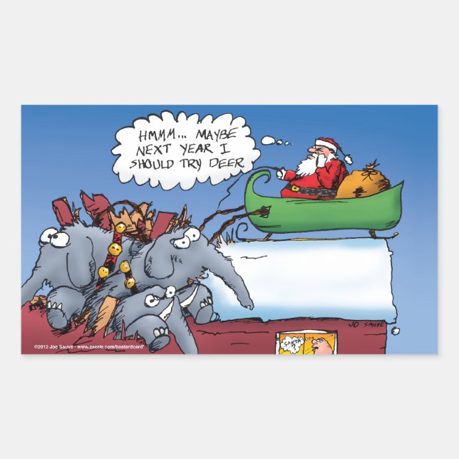Santas Elephants Funny Holiday Cartoon Rectangular Sticker (Front)