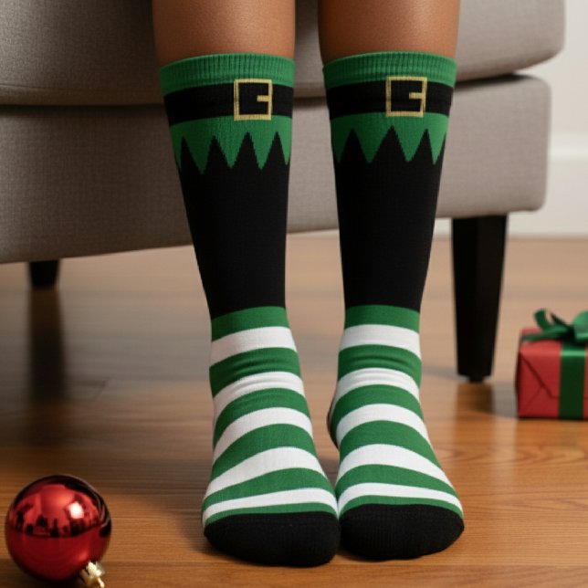 Santa's Elf Christmas Green Striped Black Socks (Santa's Elf Christmas Green Striped Black Socks
)