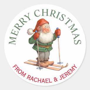 Santa's Elf on Skis Merry Christmas Classic Round Sticker