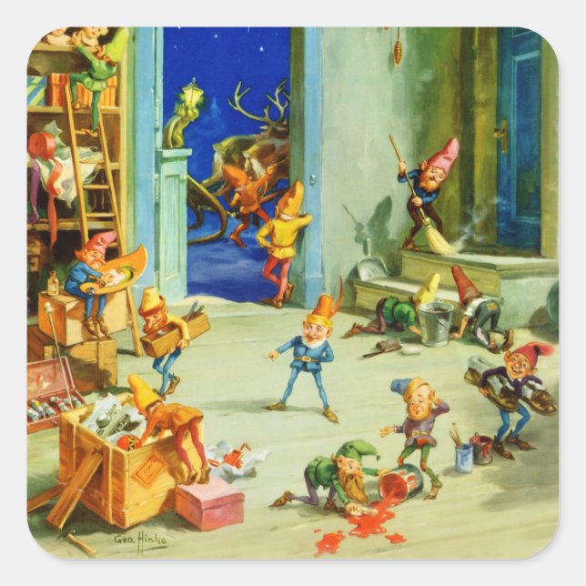 Santa's Elves Busy at His North Pole Workshop Square Sticker (Front)