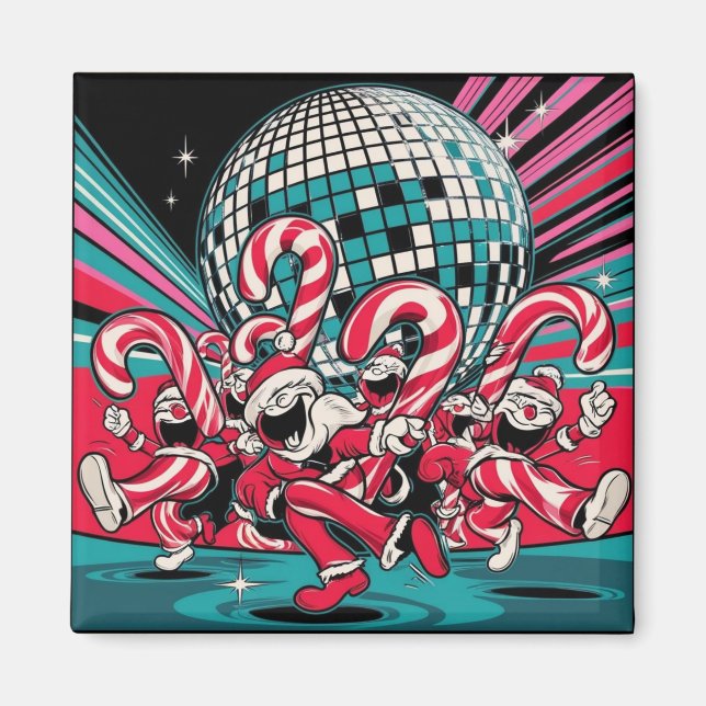 Santa's Elves Candy Canes Dance A Under Disco Ball Magnet (Front)