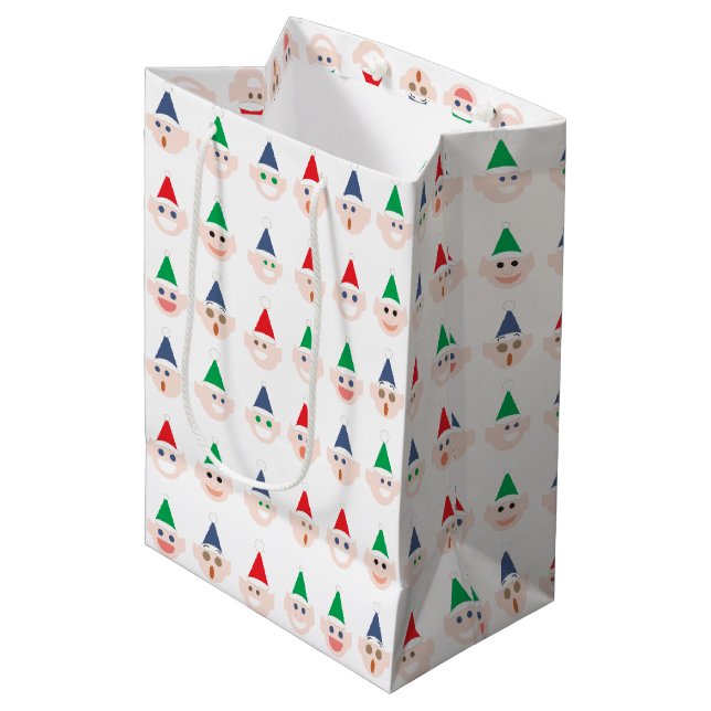 Santa's Elves Elf Faces Christmas Holiday Festive Medium Gift Bag (Front Angled)