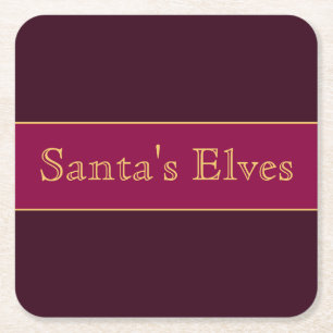 SANTA'S ELVES Fun Festive Burgundy Red Stripes Square Paper Coaster