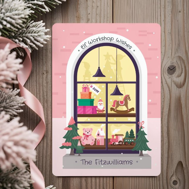 Santa's Elves Pink Christmas Toy Workshop Window Holiday Card (Santa's Elves Pink Christmas Toy Workshop Window Holiday Card)
