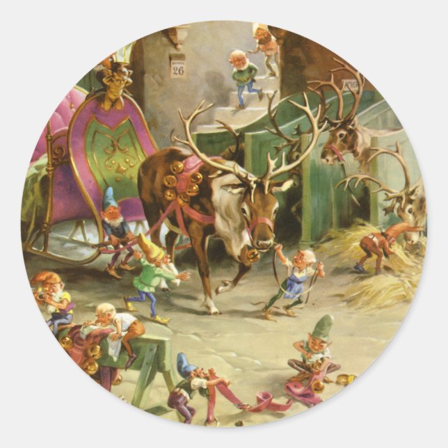 Santa's Elves Ready His Sleigh and Reindeer Classic Round Sticker (Front)