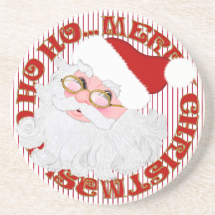 Santa's Face Circle-Red Stripe-Sandstone Coaster