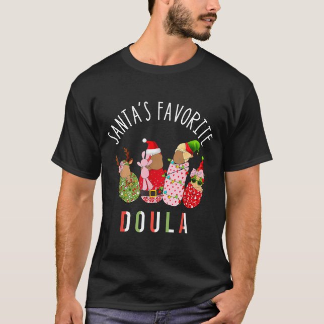 Santa's Favorite Doula Nurse Christmas Stpartum Mi T-Shirt (Front)