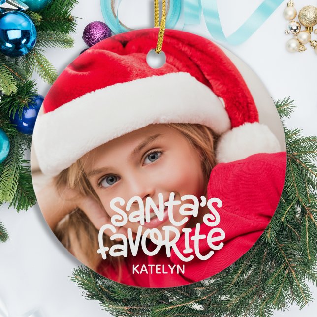 Santa's Favorite Kids Baby Photo Christmas Ceramic Ornament (Creator Uploaded)