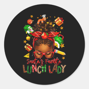 Santa's Favorite Lunch Lady Afro Messy Bun Woman C Classic Round Sticker