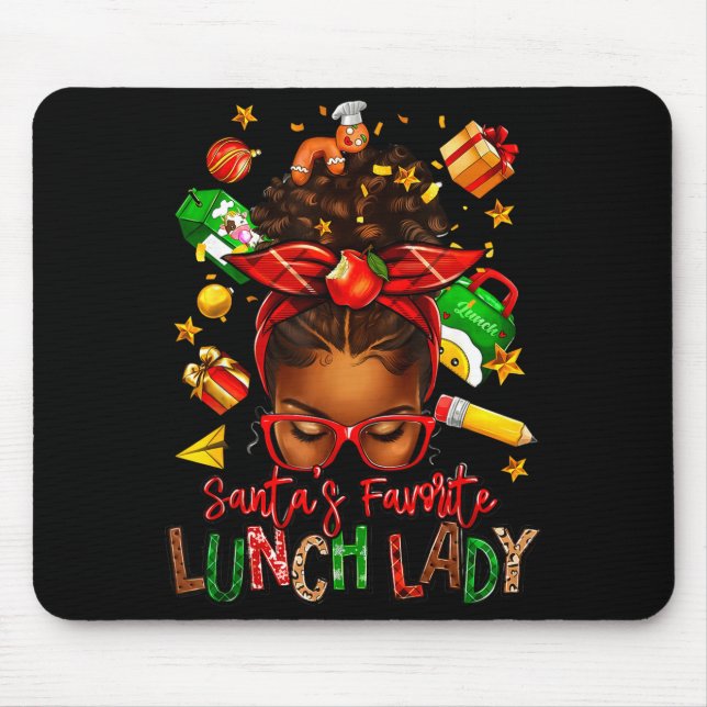 Santa's Favorite Lunch Lady Afro Messy Bun Woman C Mouse Pad (Front)