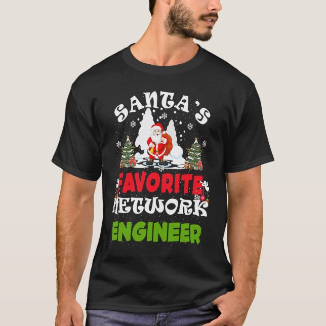 Santa's Favorite Network Engineer Funny Christmas T-Shirt (Front)