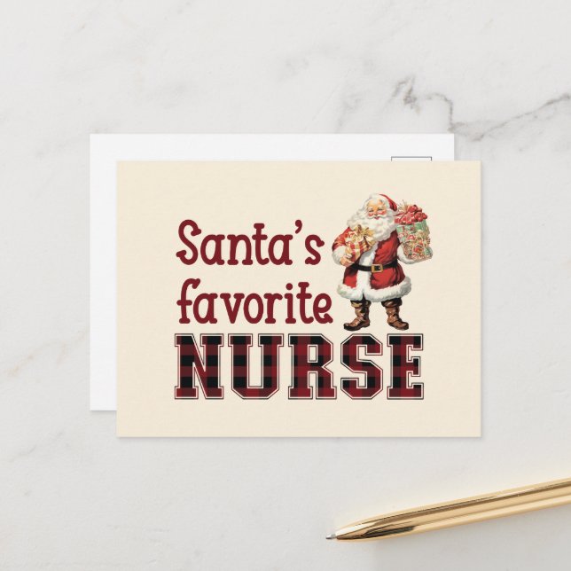Santa's Favorite Nurse, Christmas thank you Holiday Postcard (Front/Back In Situ)