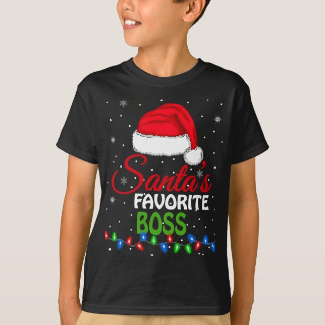 Santa's Favourite Boss Santa Hat Lights Funny Chri T-Shirt (Front)