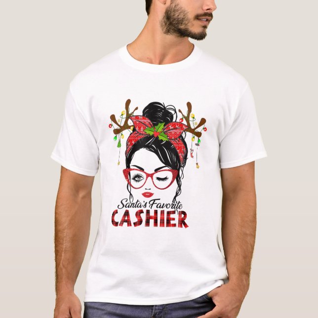 Santa's Favourite Cashier Messy Bun Christmas T-Shirt (Front)