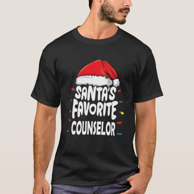 Santa'S Favourite Counsellor Xmas Lights Santa Hat T-Shirt (Front)