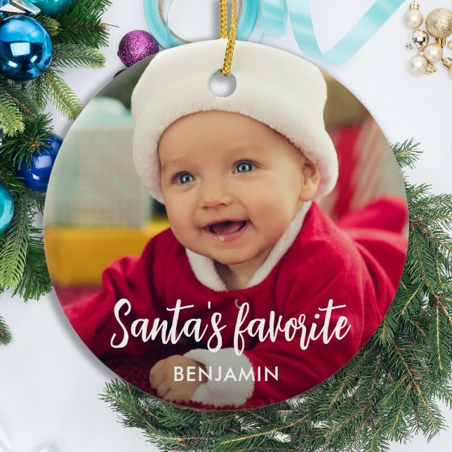 Santa's Favourite Cute Baby Photo Christmas Ceramic Ornament (Creator Uploaded)