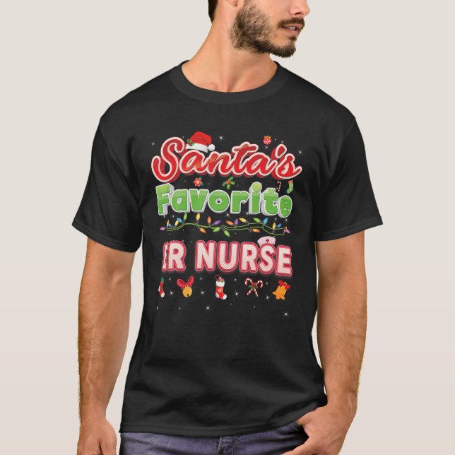 Santa's Favourite ER Nurse Christmas Santa Hat Lig T-Shirt (Front)